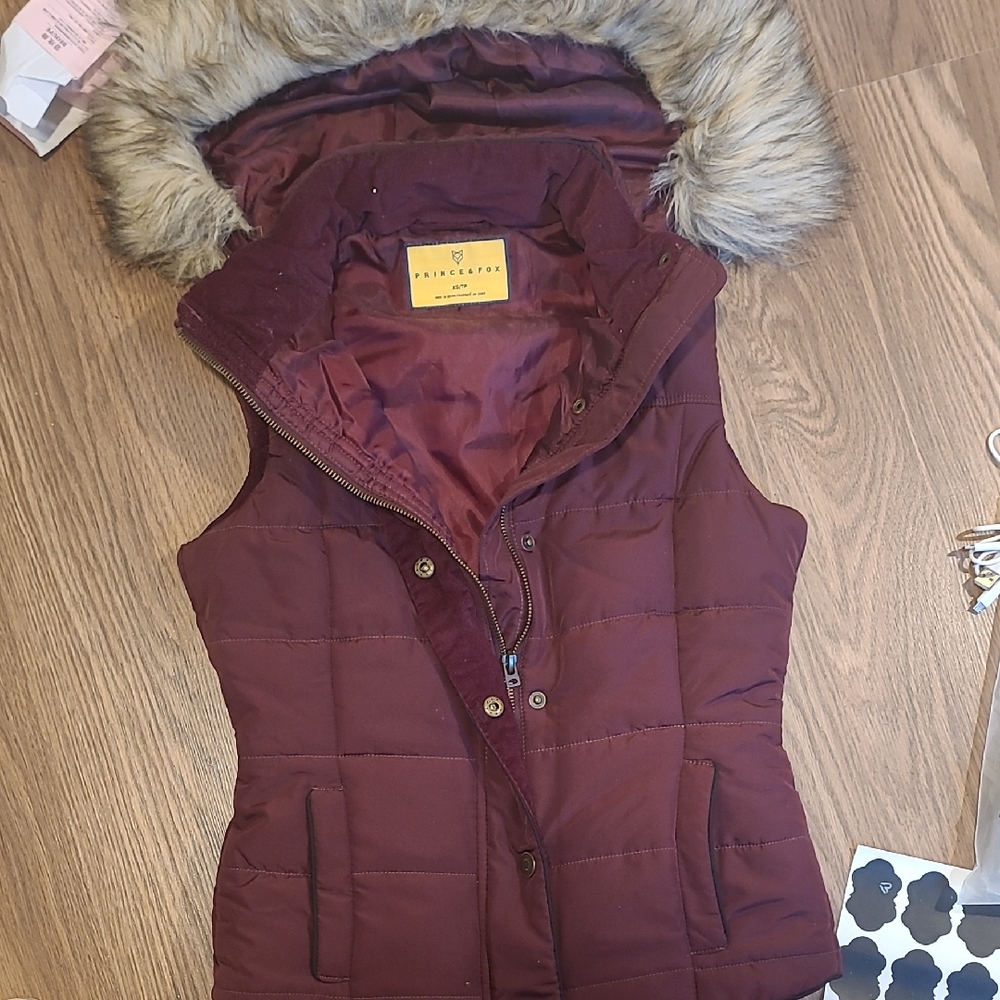 Hollister Maroon Vest with Faux Fur Hood